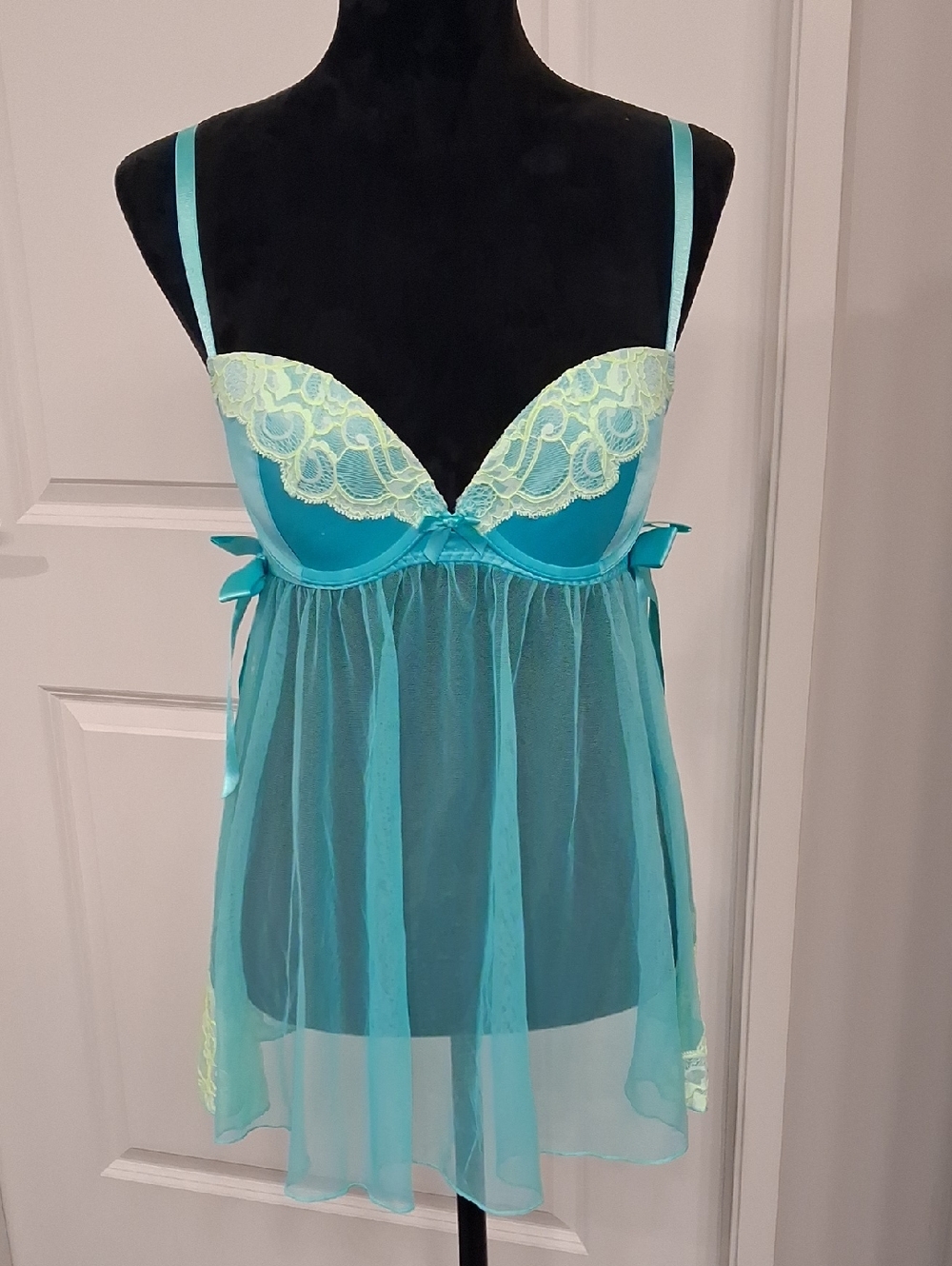 Victoria's Secret Aqua Satin & Chiffon with Yellow Lace Accent Babydoll